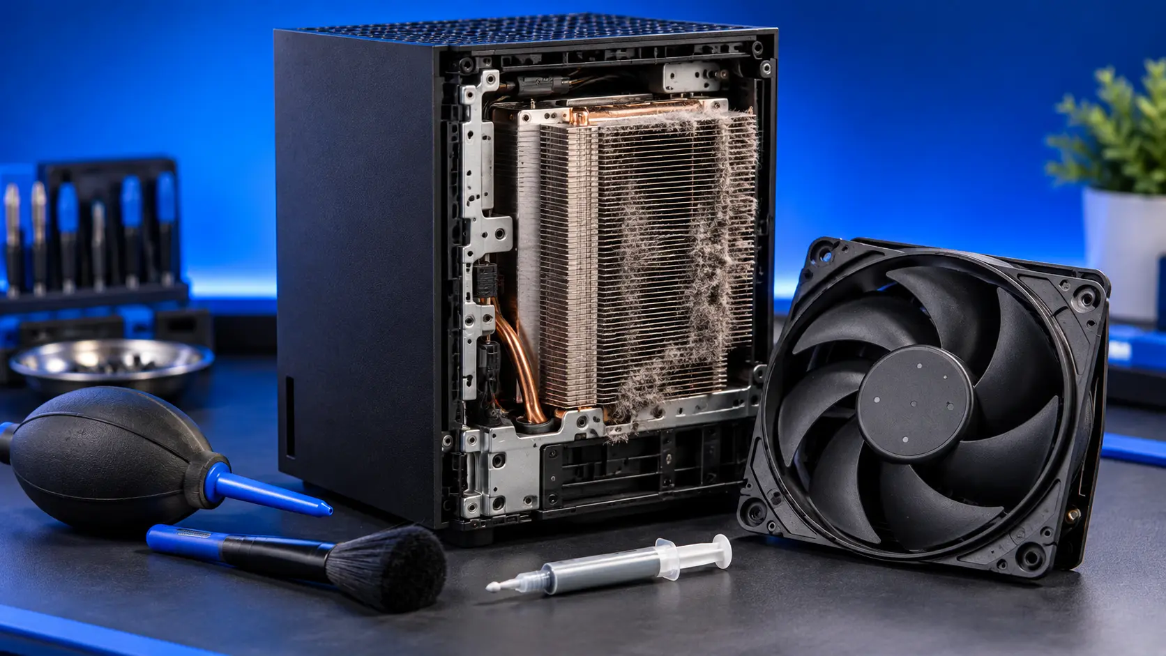 Xbox Series X on a repair bench with its heatsink exposed