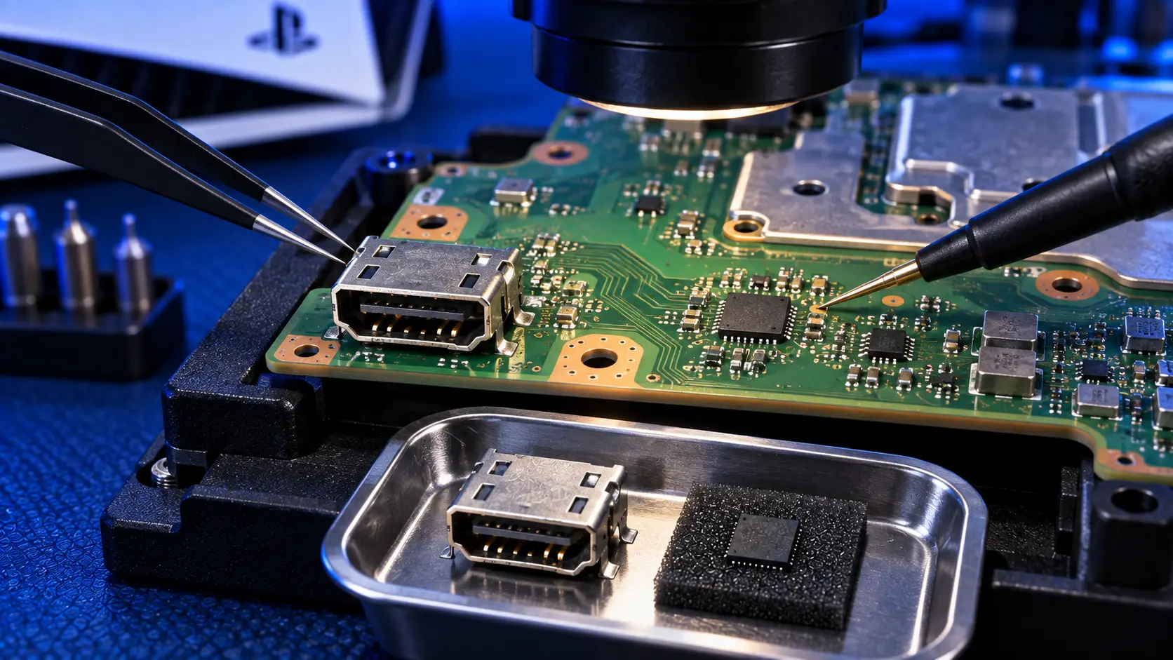 Close-up of a PS5 mainboard showing the HDMI port and surrounding components