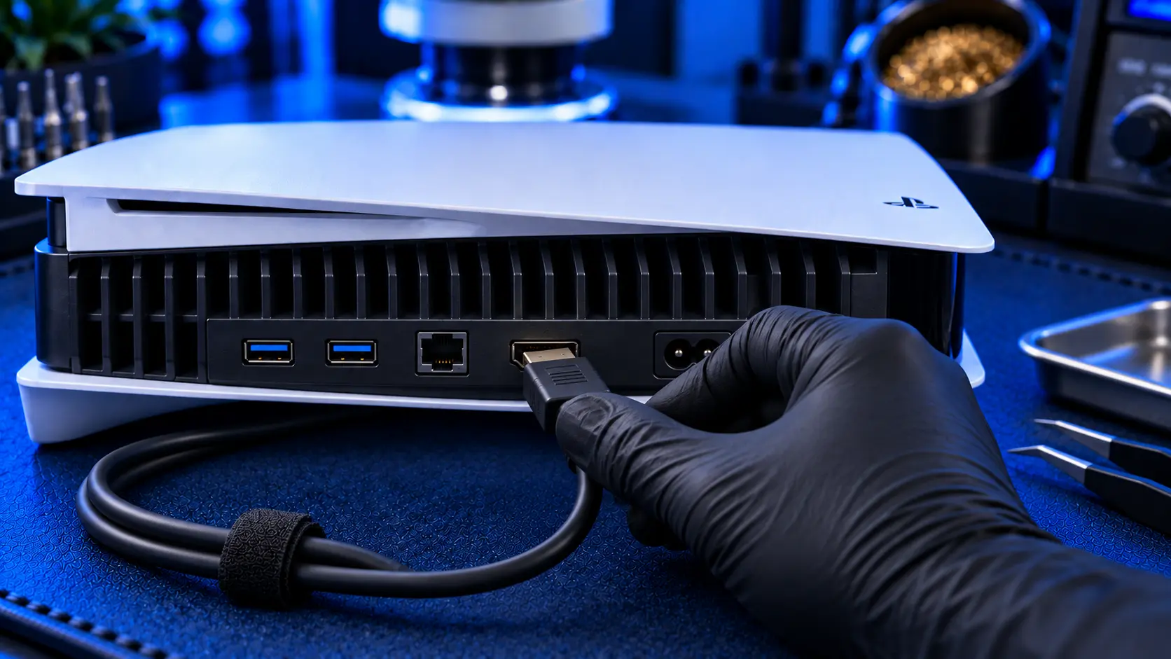 PS5 with a neatly routed HDMI cable and plenty of slack behind a TV cabinet