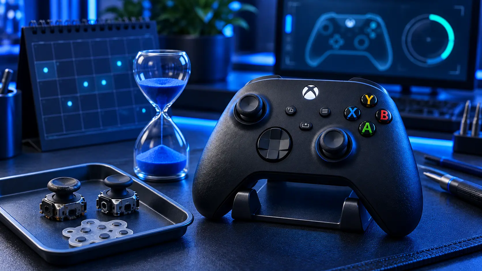Worn analogue stick module removed from an Xbox controller, next to a new replacement