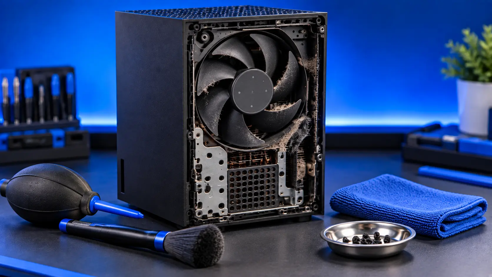 Vacuum brush attachment cleaning the top vent of an Xbox Series X