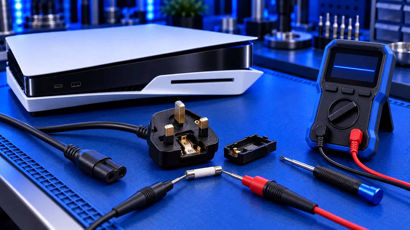 PS5 console plugged into a wall socket during a power cut
