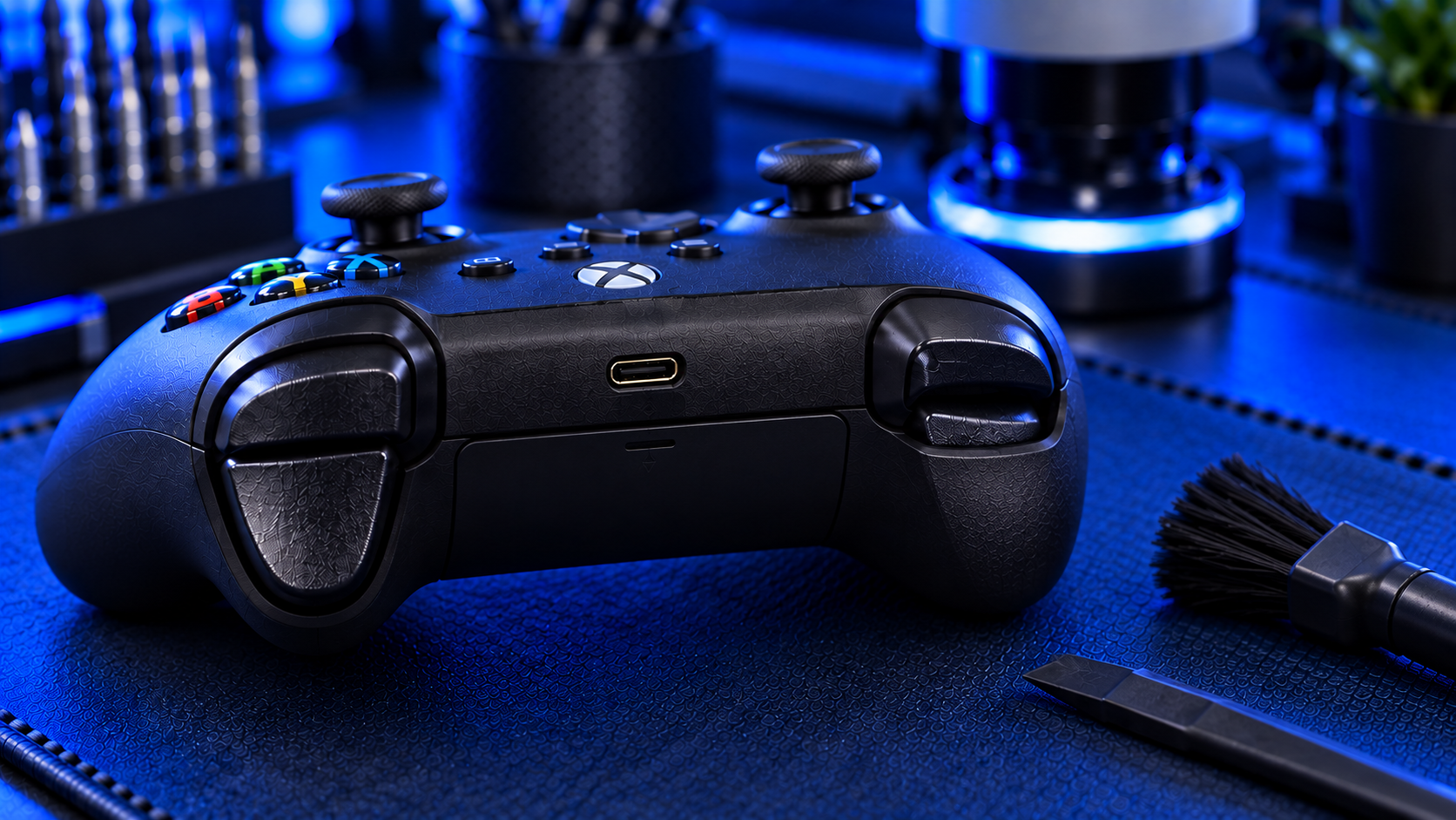 Close up of the LT and RT triggers on an Xbox controller
