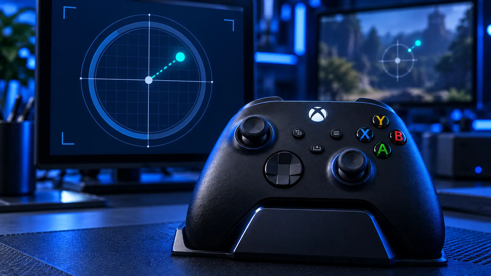 Close-up of an Xbox controller's left analogue stick with the thumbstick cap removed