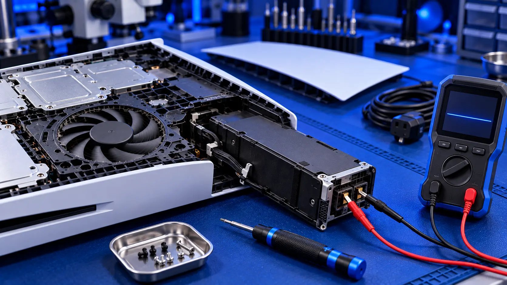 PS5 opened on the bench with its internal power supply removed for testing