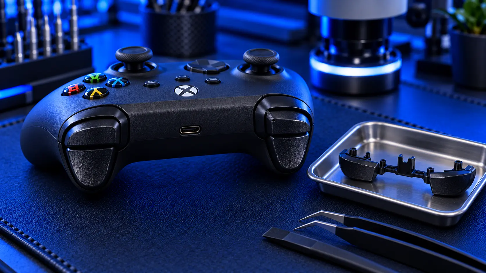 Xbox controller with the shell open showing the LB and RB bumper switches