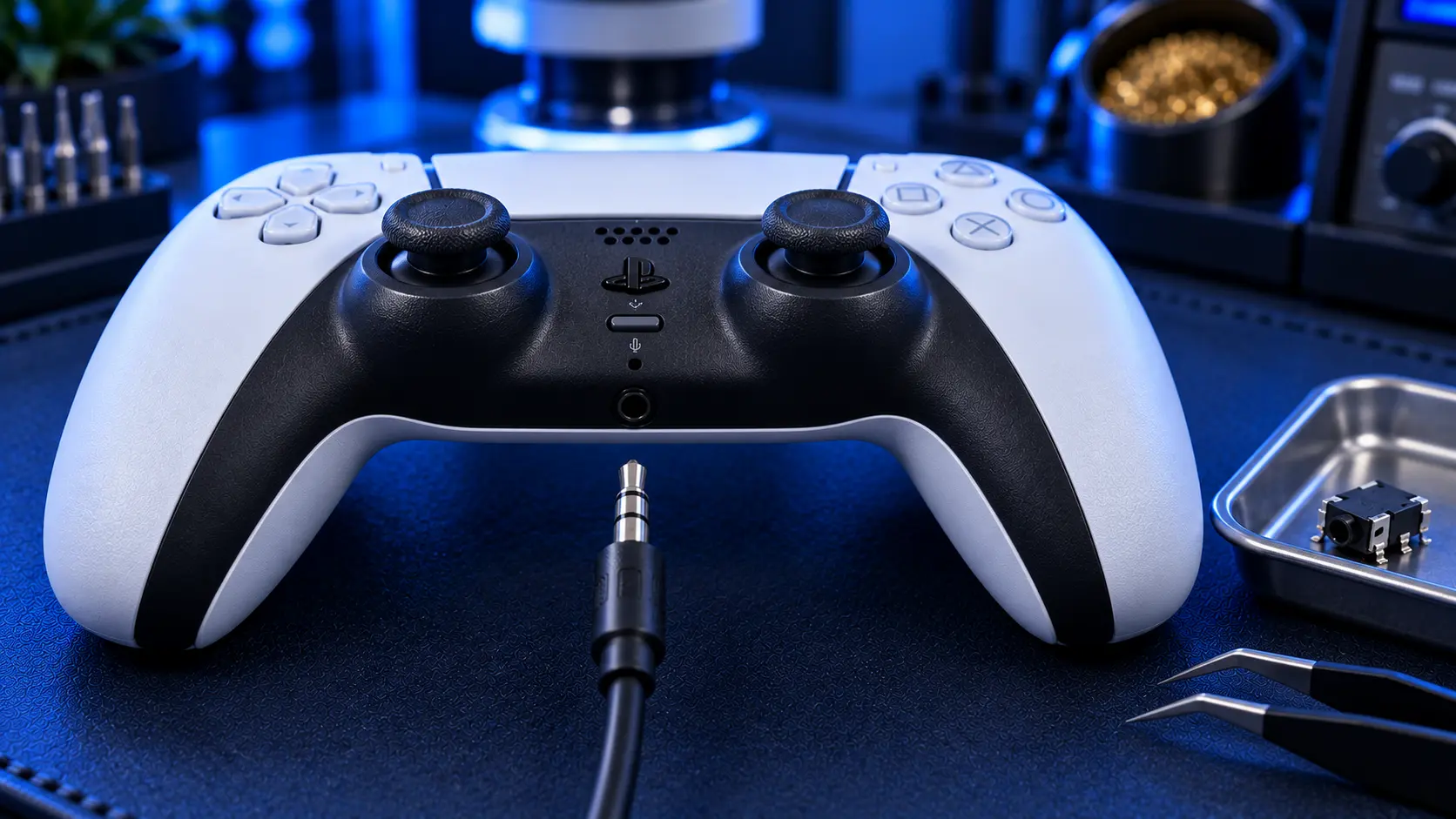 PS5 DualSense controller 3.5mm headphone jack being repaired on the bench