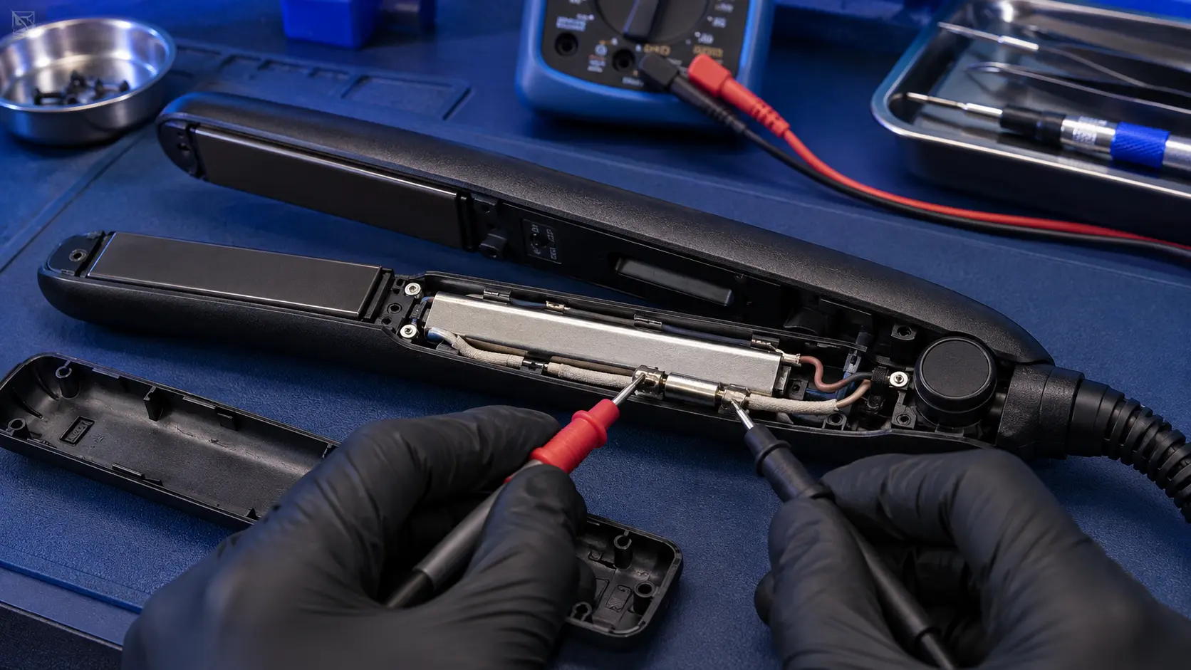 GHD straightener opened on the bench with its thermal fuse being tested with a multimeter