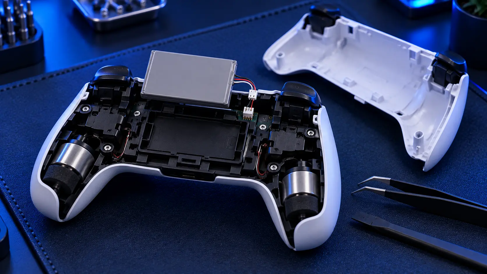 PS5 DualSense controller opened on the bench with a new battery being fitted