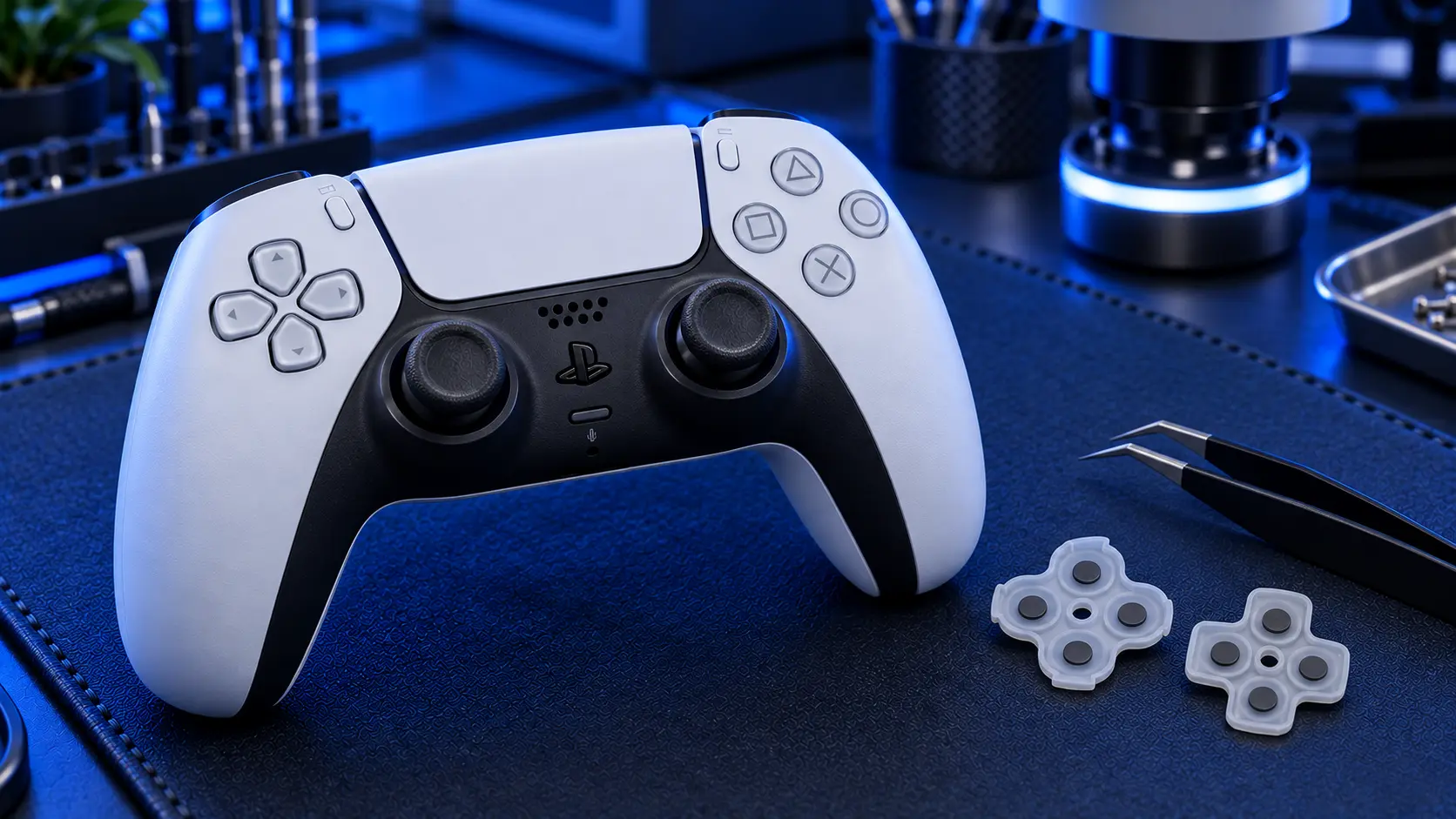 PS5 DualSense controller with the front shell removed for a button repair