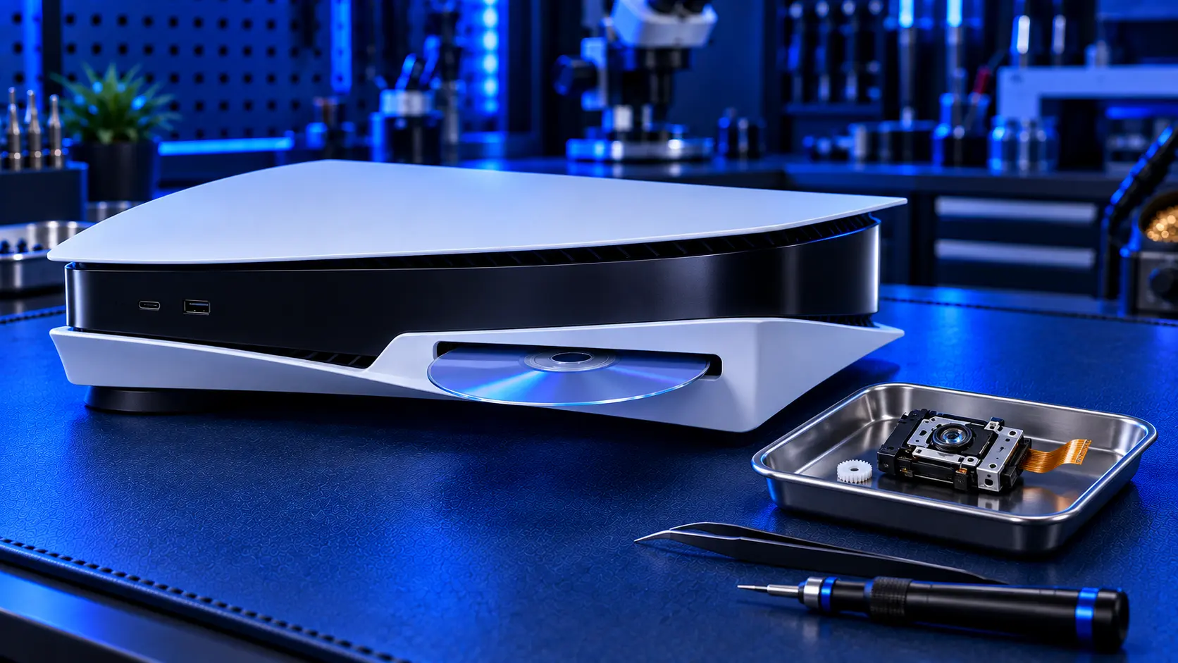 Original PS5 disc drive opened on the bench with a new laser assembly being fitted