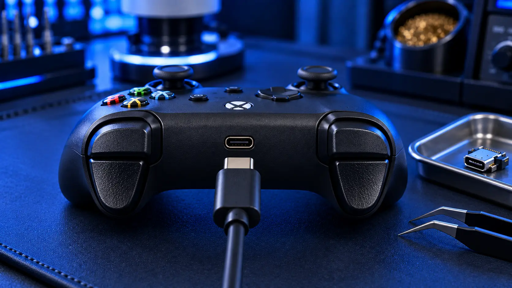 Xbox Series X|S controller USB-C port being replaced with a hot air station