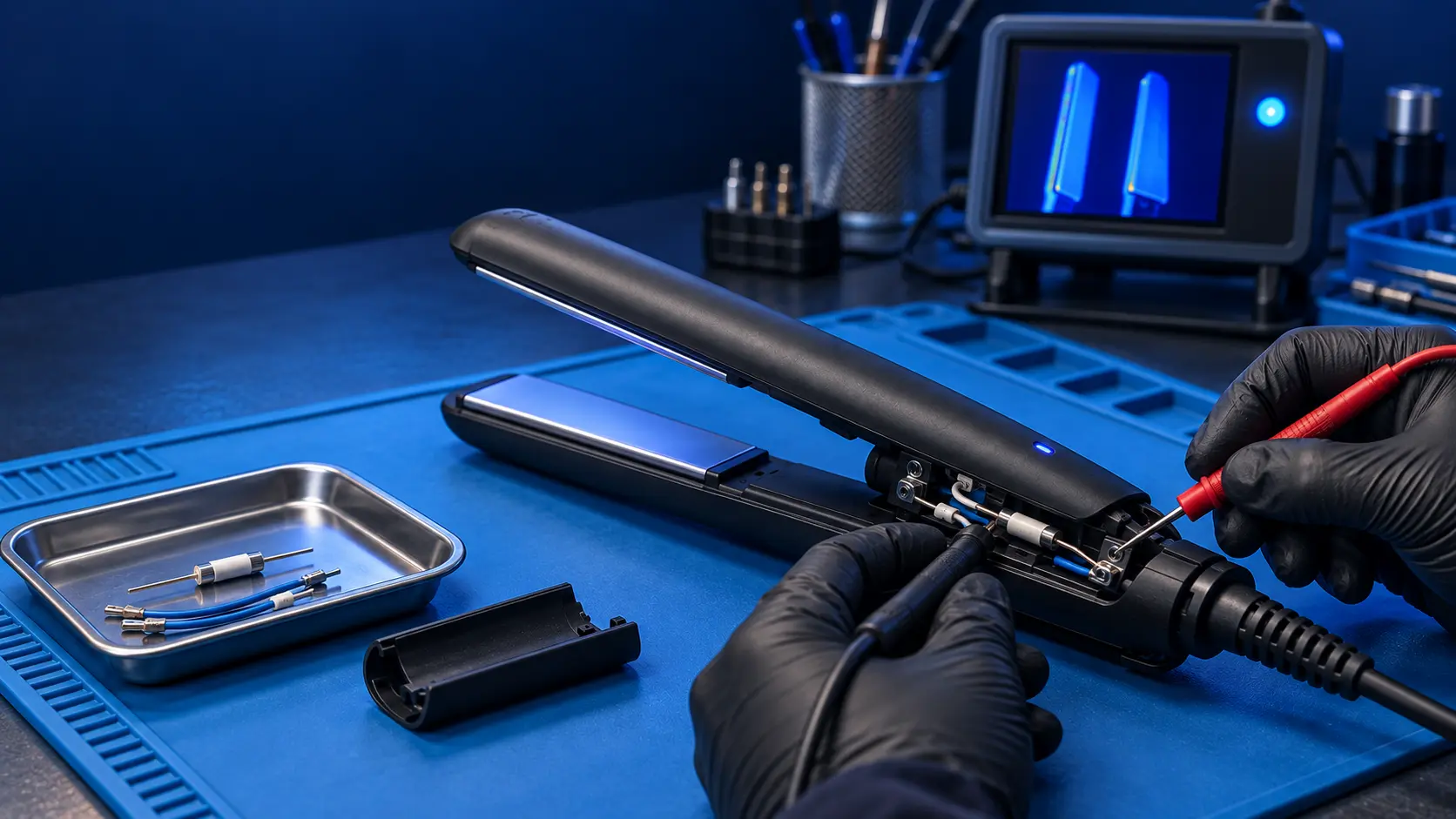 Hair straightener with the handle opened, meter probes on the thermal fuse and heater wiring, and a spare fuse and leads in a tray
