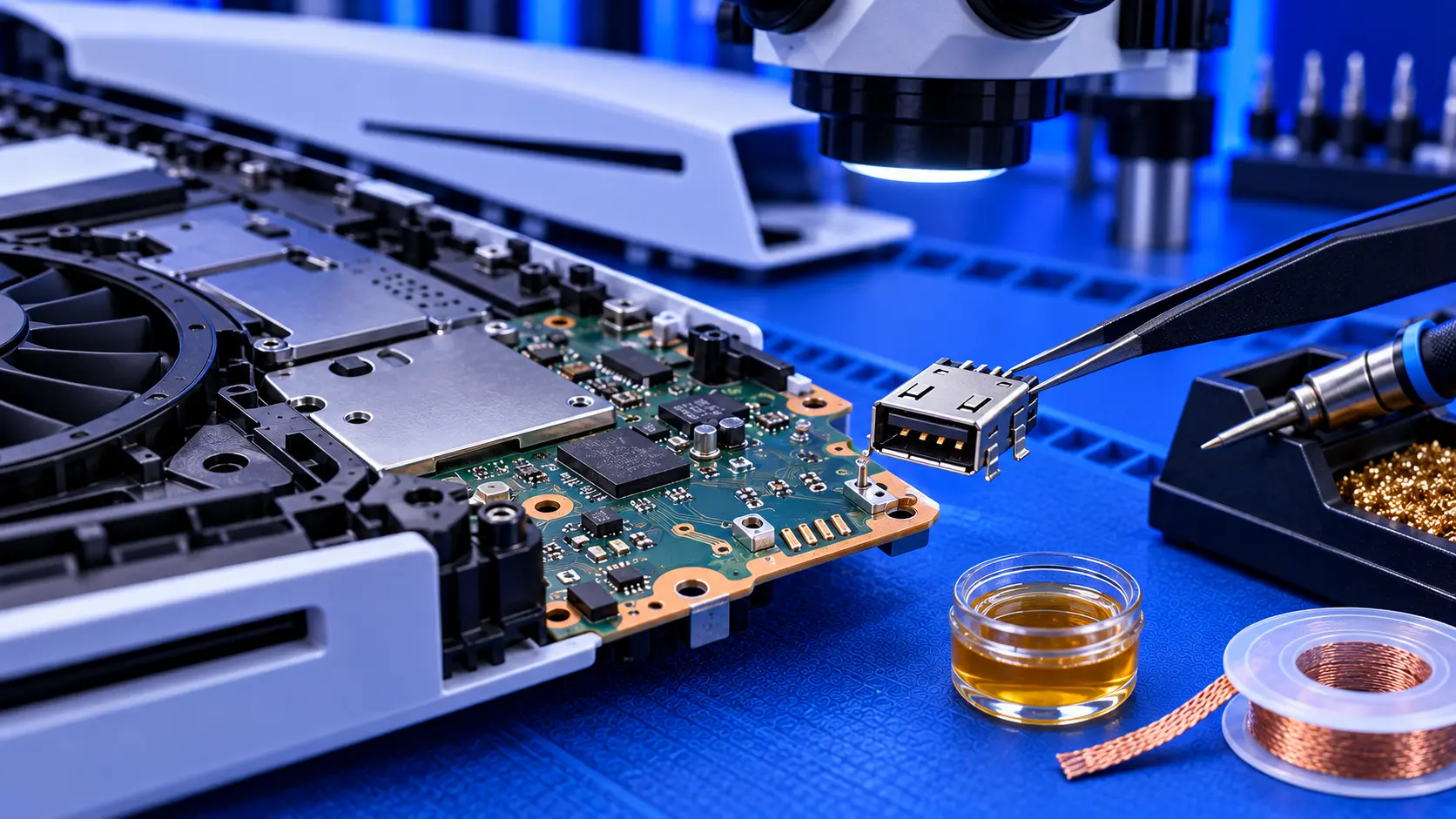 PS5 front USB port board removed from the console for repair