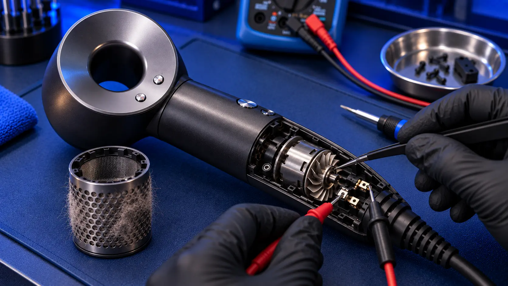 Dyson Supersonic opened to show the motor and impeller in the handle, with probes testing the motor and a hair-clogged filter beside it