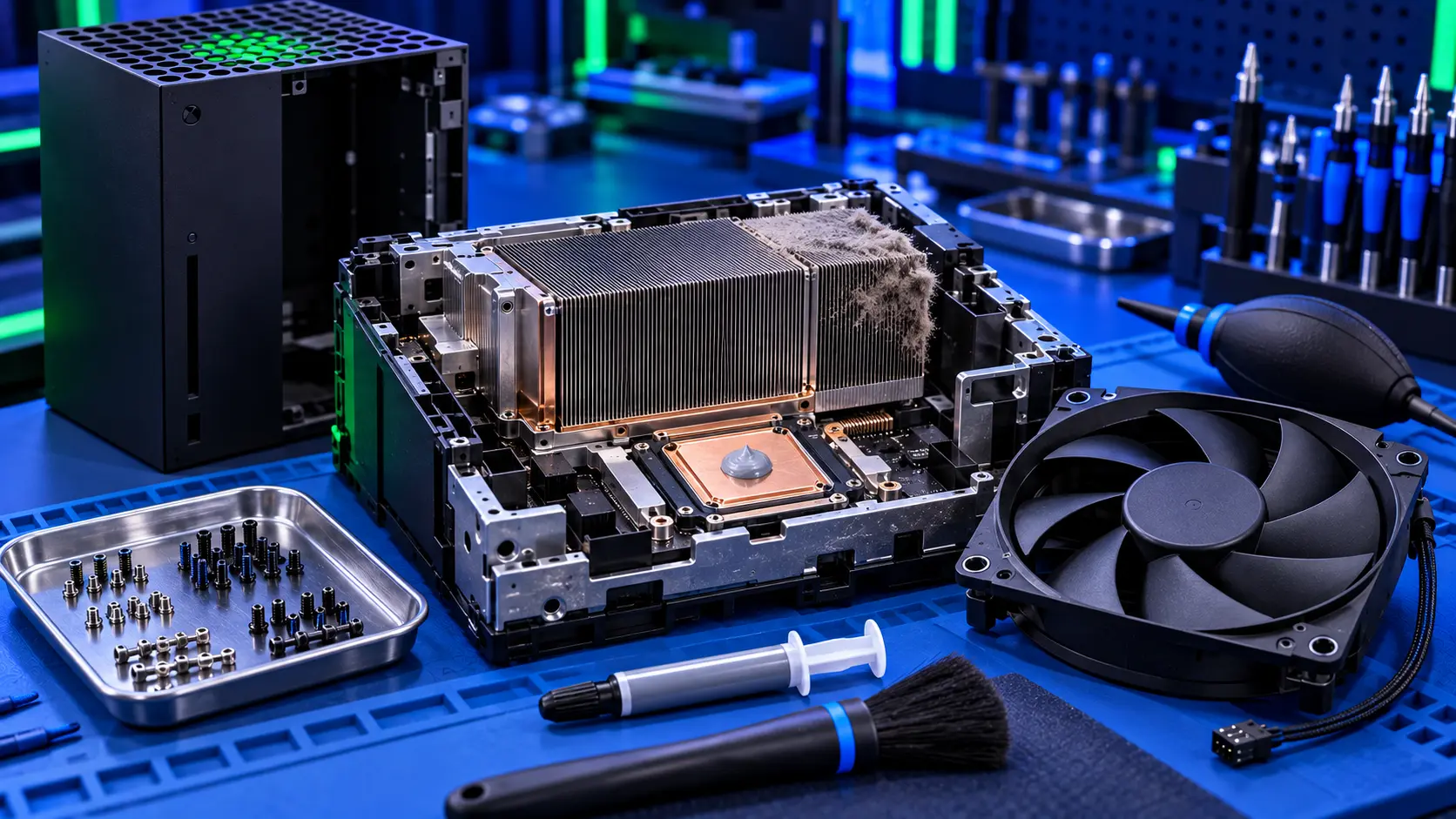 Xbox Series X opened on the bench with its fan removed and dust in the heatsink