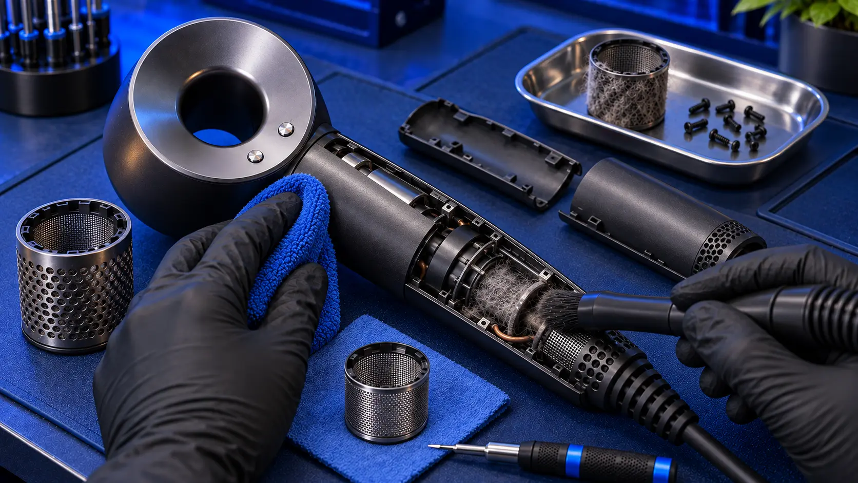 Dyson Supersonic stripped for a deep clean, a brush clearing hair from the inner filter, with cleaned and clogged filters alongside