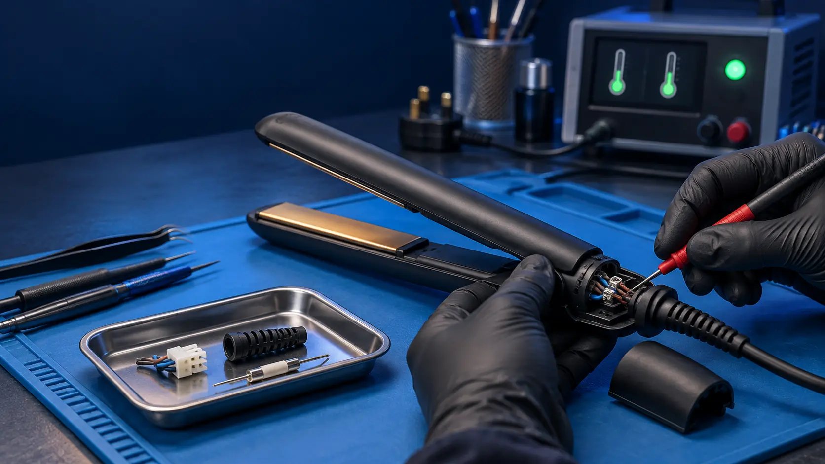 Hair straightener with the handle end opened, a meter probe on the cable connections, and a spare connector, cable sleeve and fuse in a tray