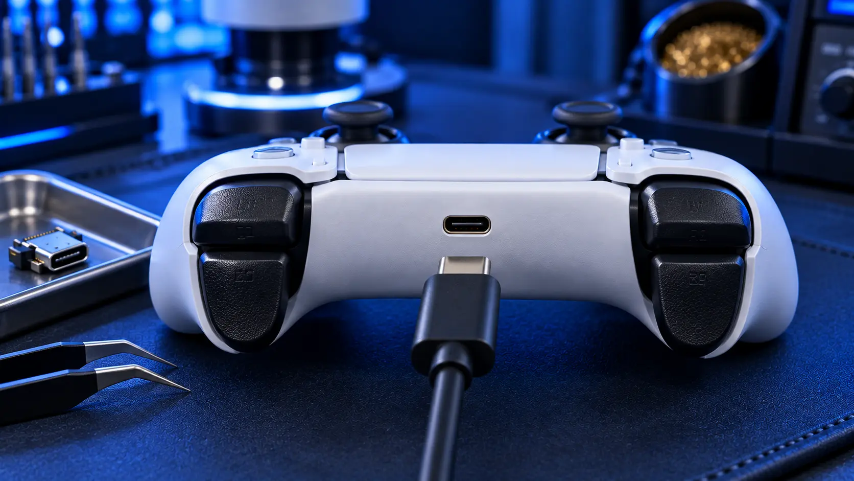 PS5 DualSense controller USB-C charging port being replaced on the repair bench