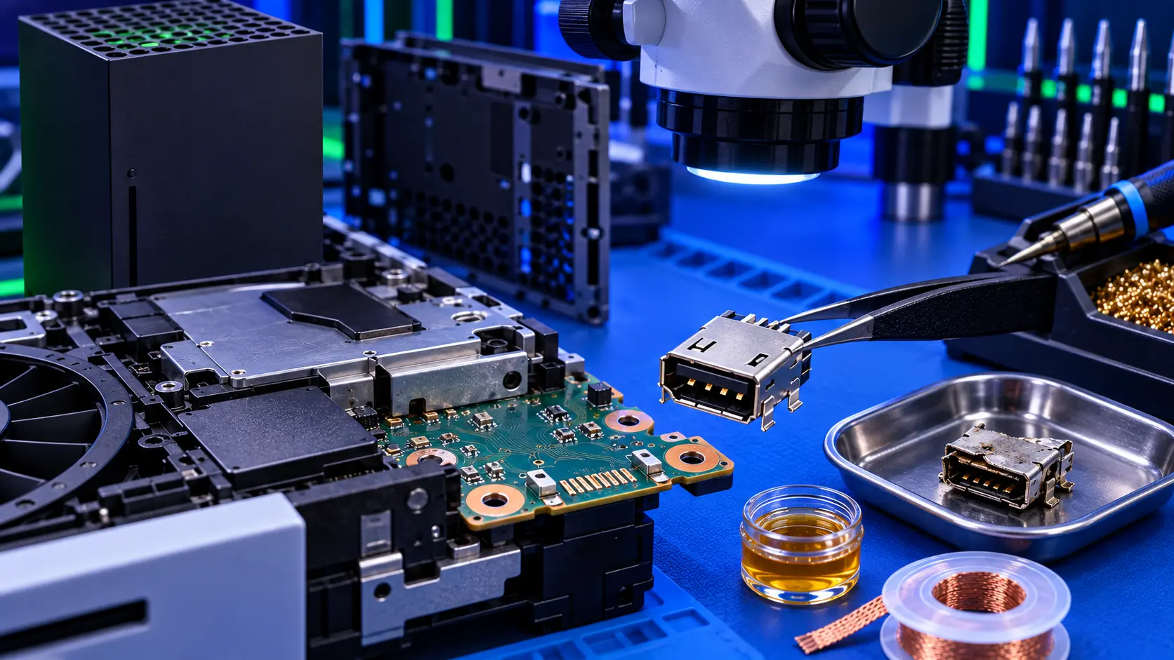 Xbox Series X on the bench with its HDMI port being replaced