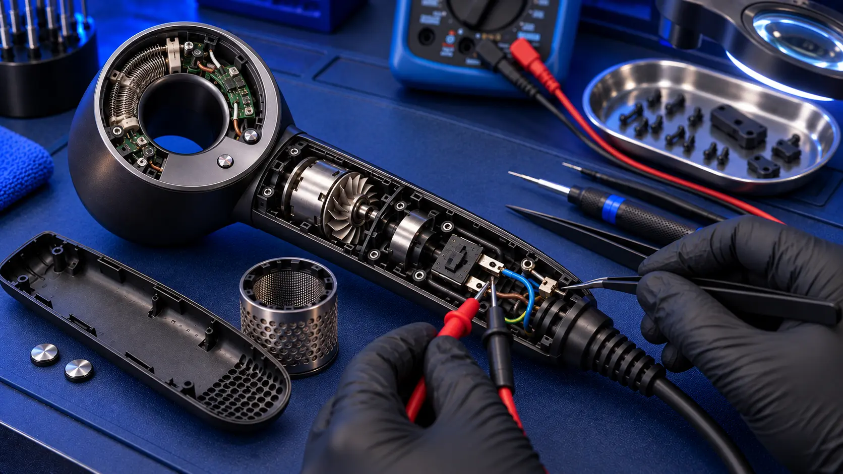 Dyson Supersonic fully opened with the heater ring, motor and switch exposed, multimeter probes testing the wiring