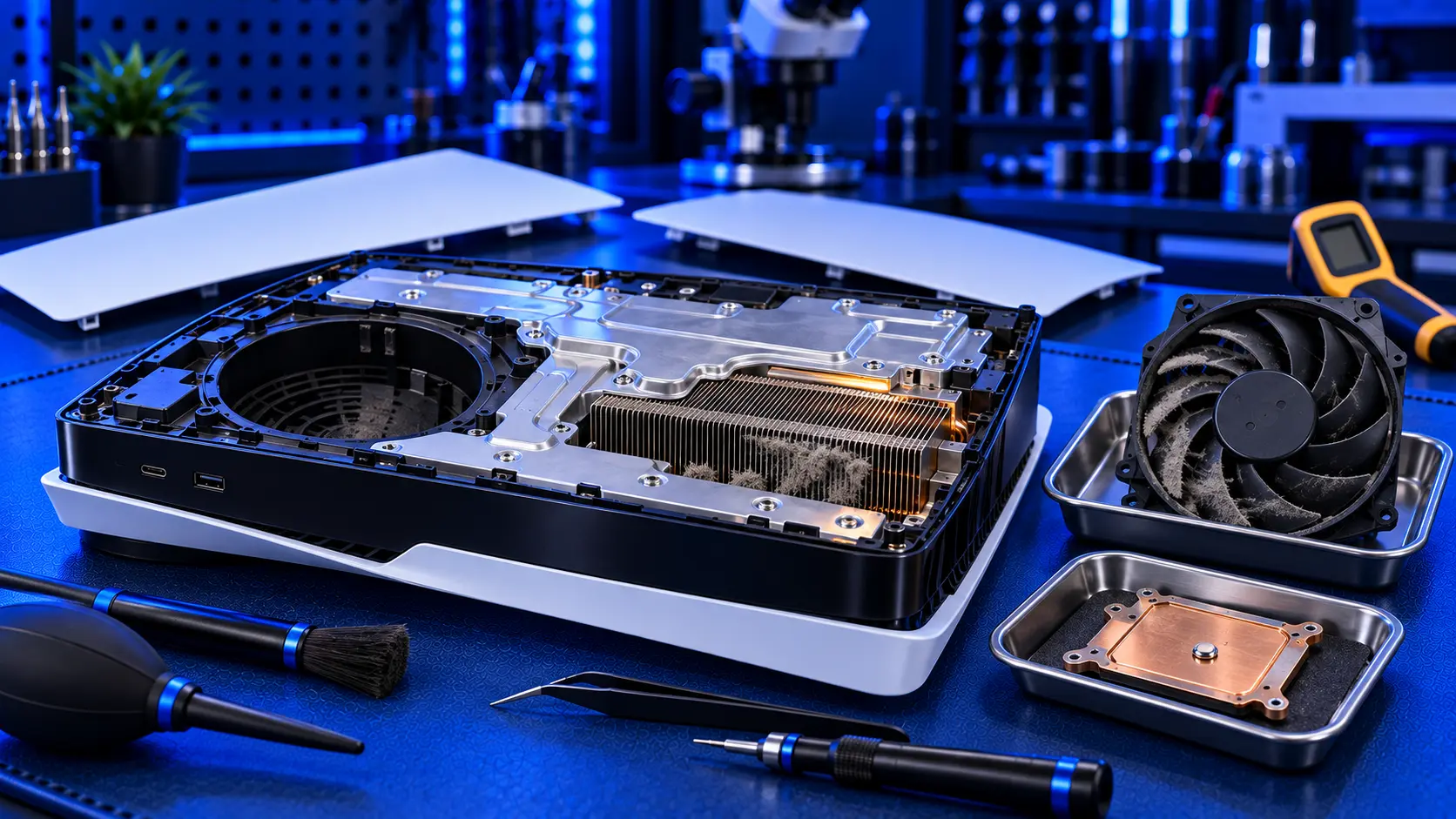 PS5 opened on the bench with the fan removed and dust packed into the heatsink fins
