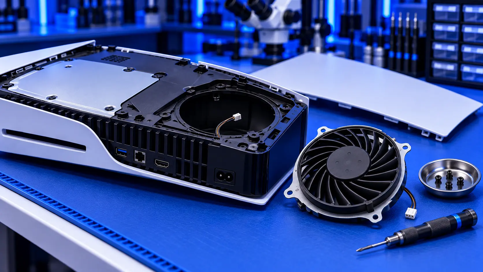 PS5 cooling fan being removed from the console on the bench