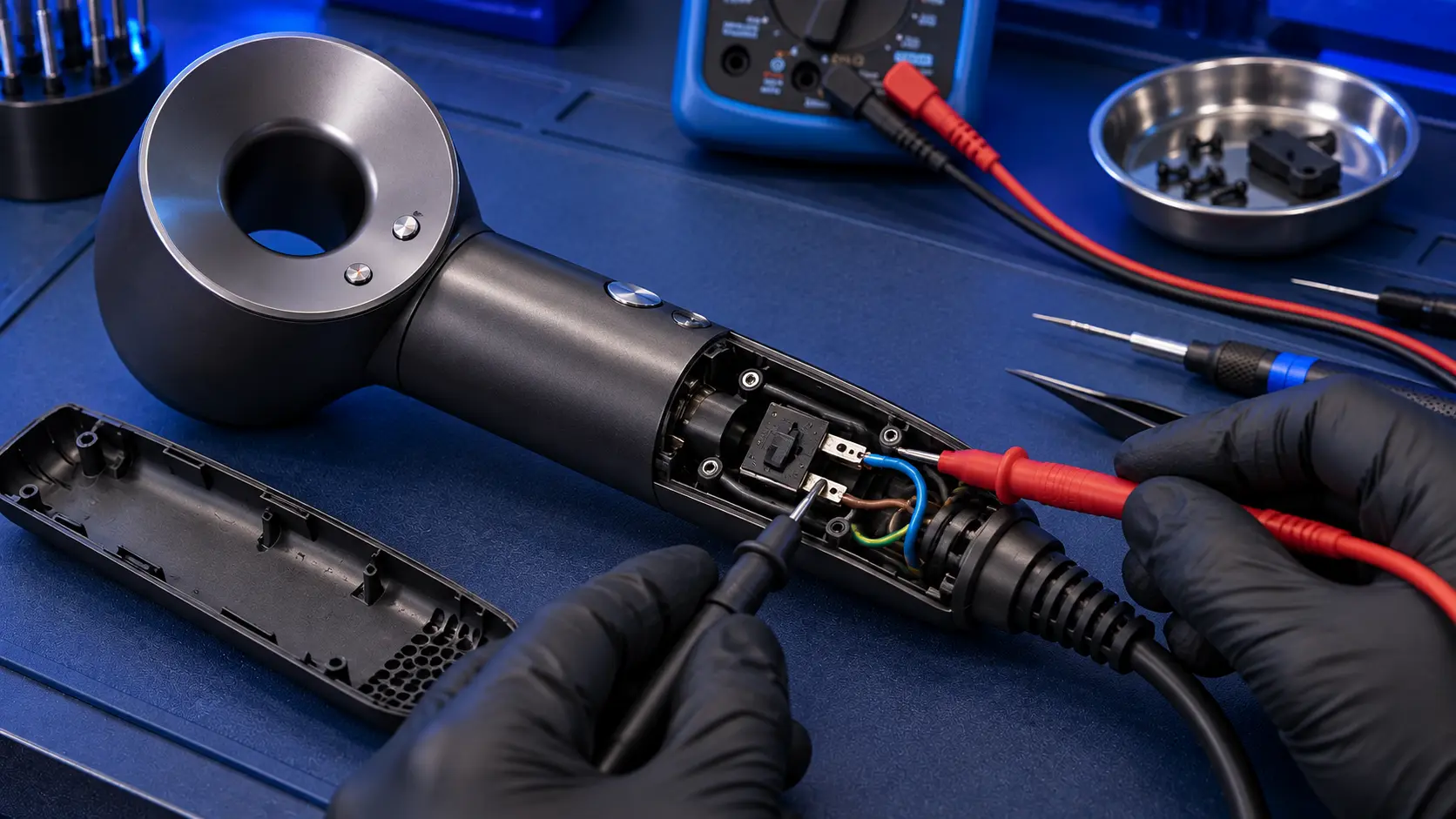 Dyson Supersonic hair dryer with the handle cover off, multimeter probes testing the power switch and mains cable connections
