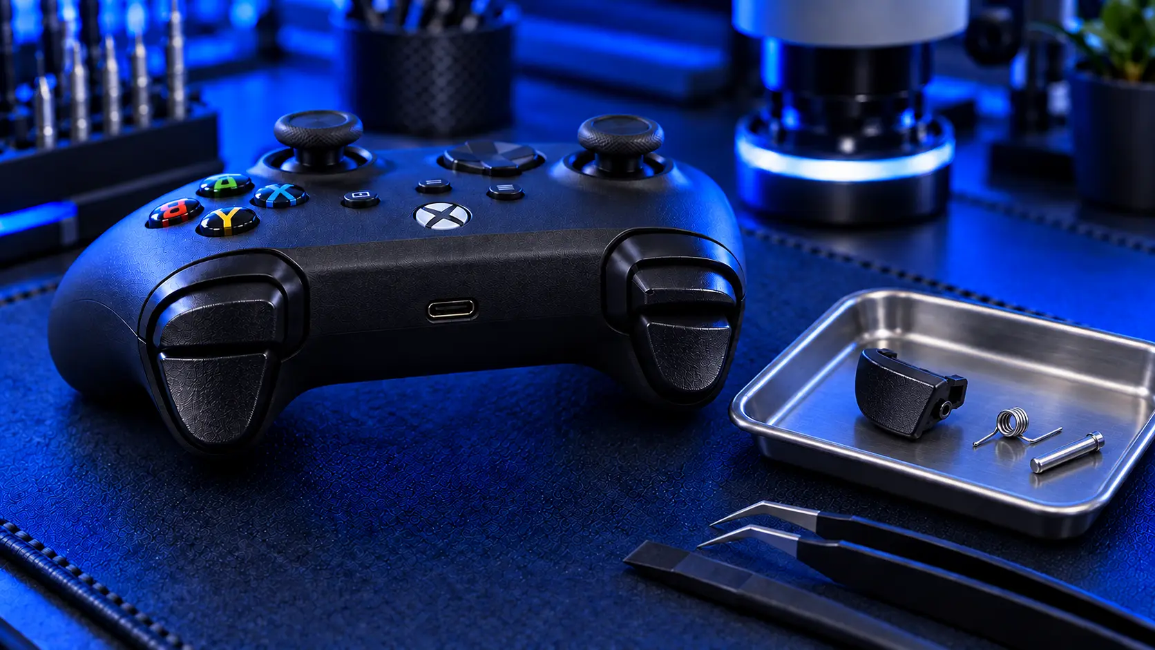 Xbox controller trigger assembly being repaired on the bench