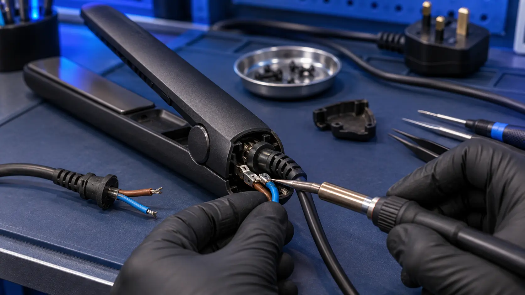 GHD straightener with its mains cable being replaced on the bench