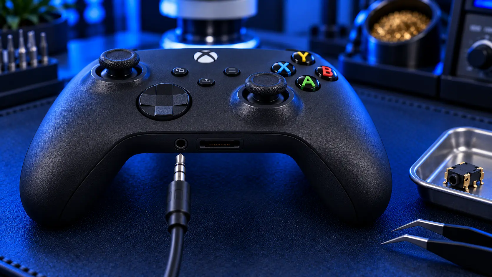 Xbox controller 3.5mm headphone jack being repaired on the bench