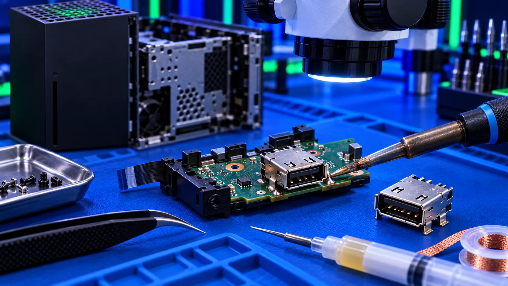 Xbox Series X rear USB ports on the repair bench