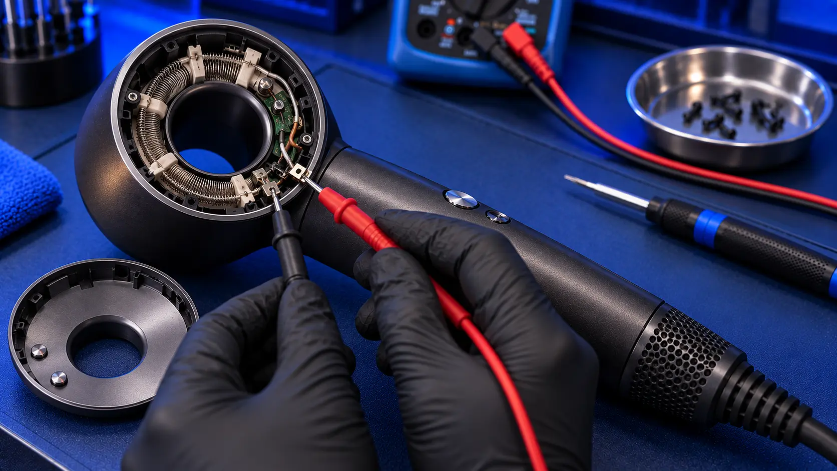 Dyson Supersonic with the front ring removed, multimeter probes testing the coiled heating element inside the head