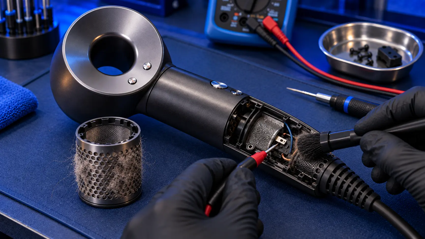 Dyson Supersonic with the handle opened, a brush clearing hair from the inner filter mesh and a clogged outer filter beside it