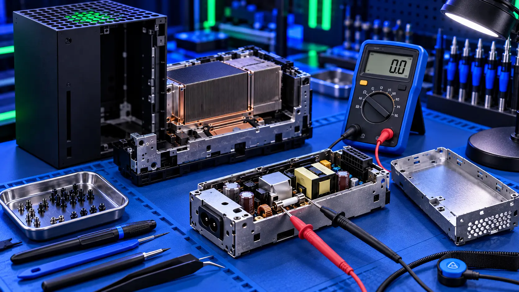 Xbox Series X opened on the bench with its internal power supply removed