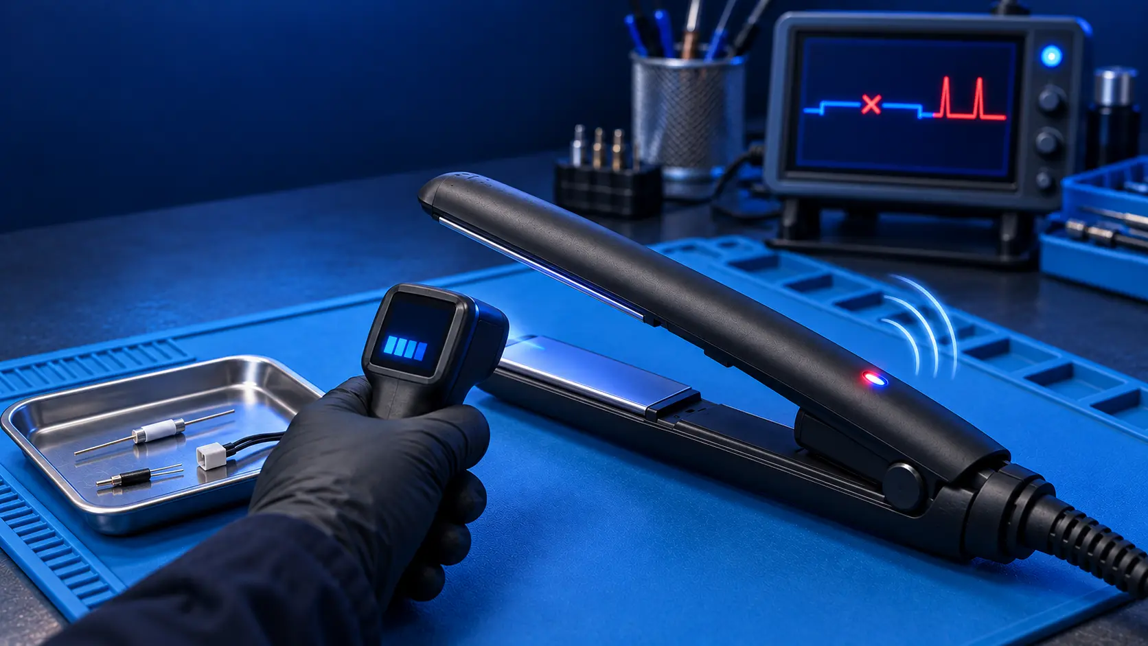 Hair straightener with its warning light on and a thermometer reading the plates, with spare fuse and connector parts in a tray