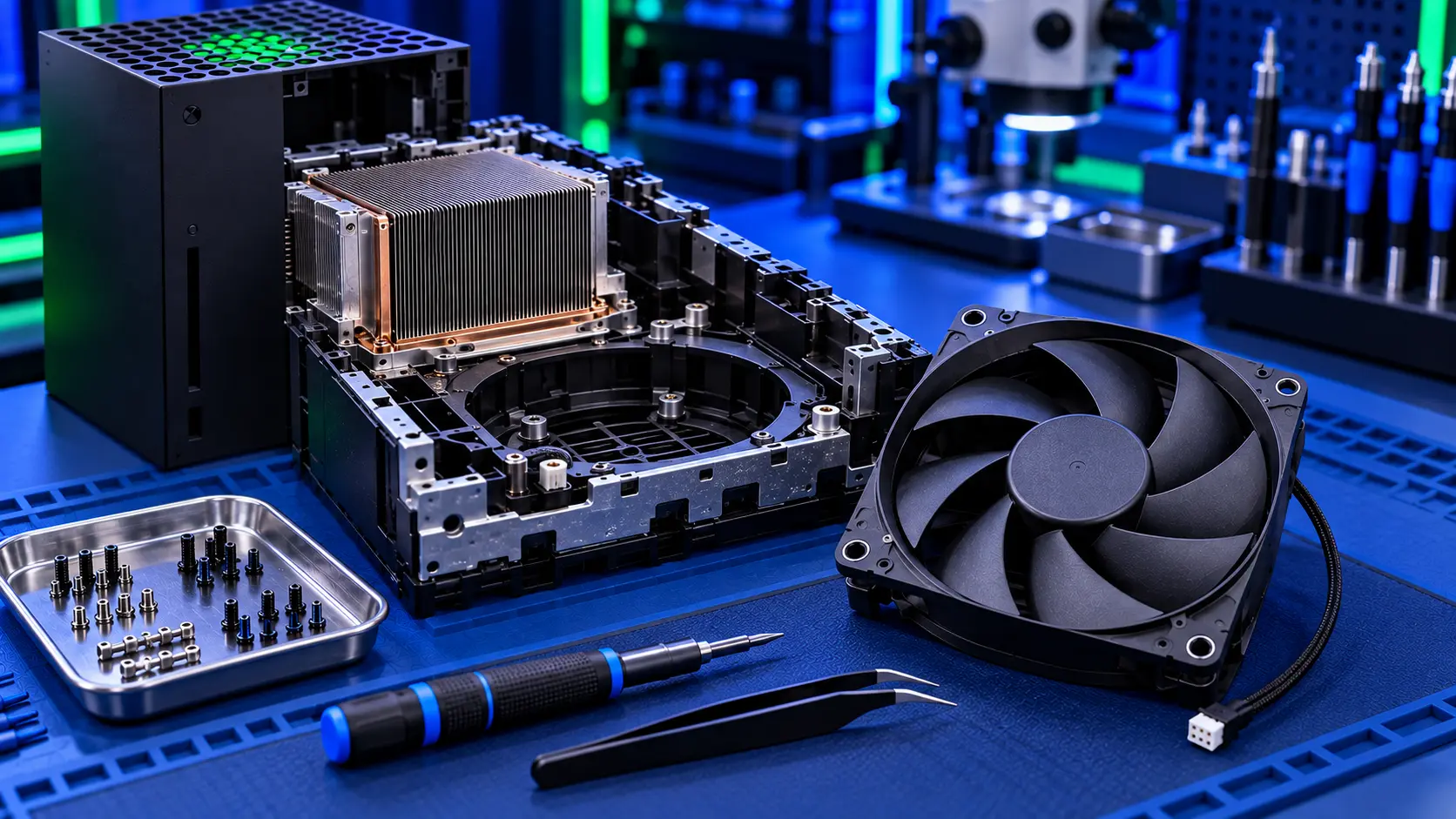 Xbox Series X cooling fan being replaced on the bench