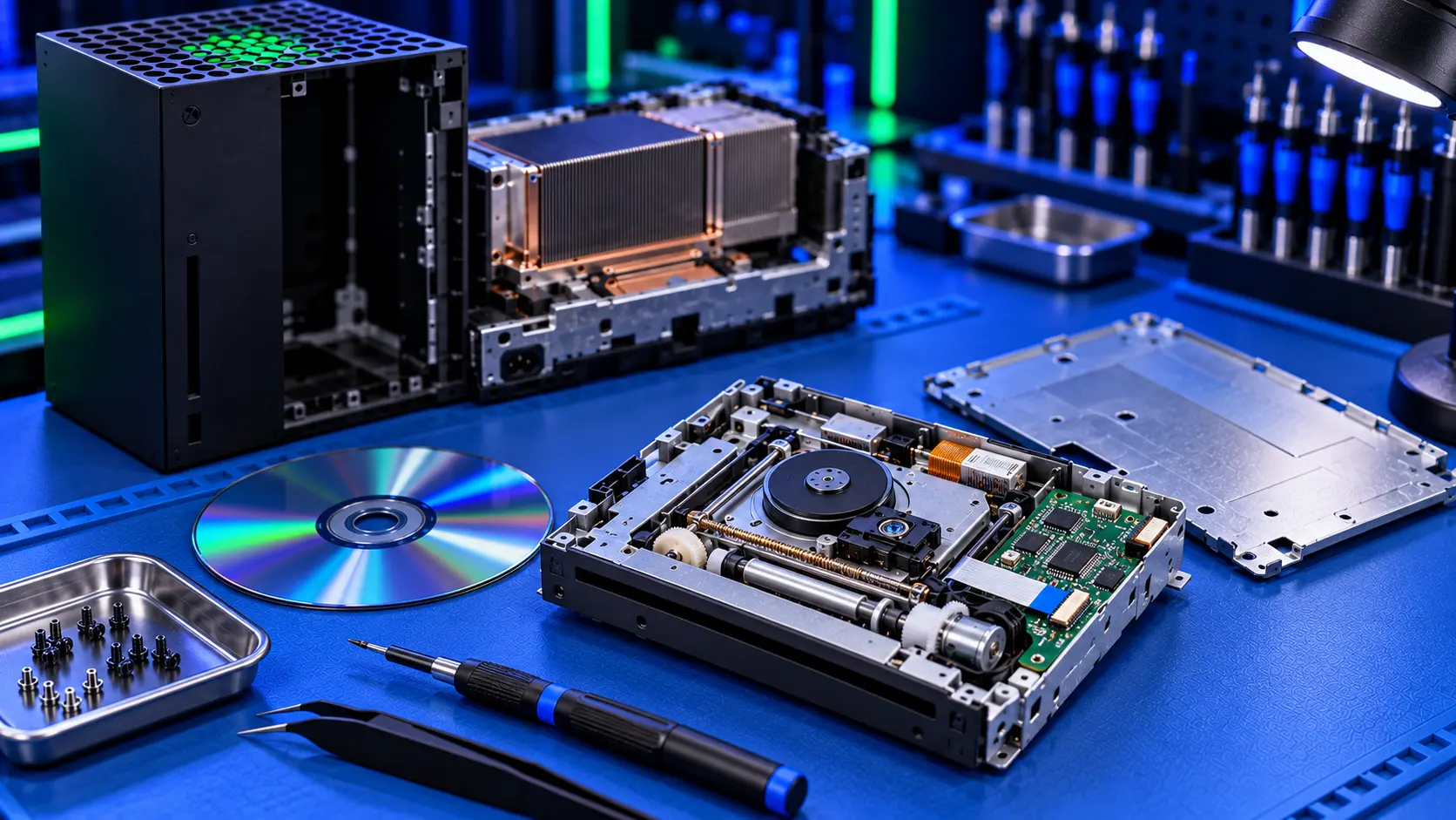 Xbox Series X disc drive opened on the bench for repair