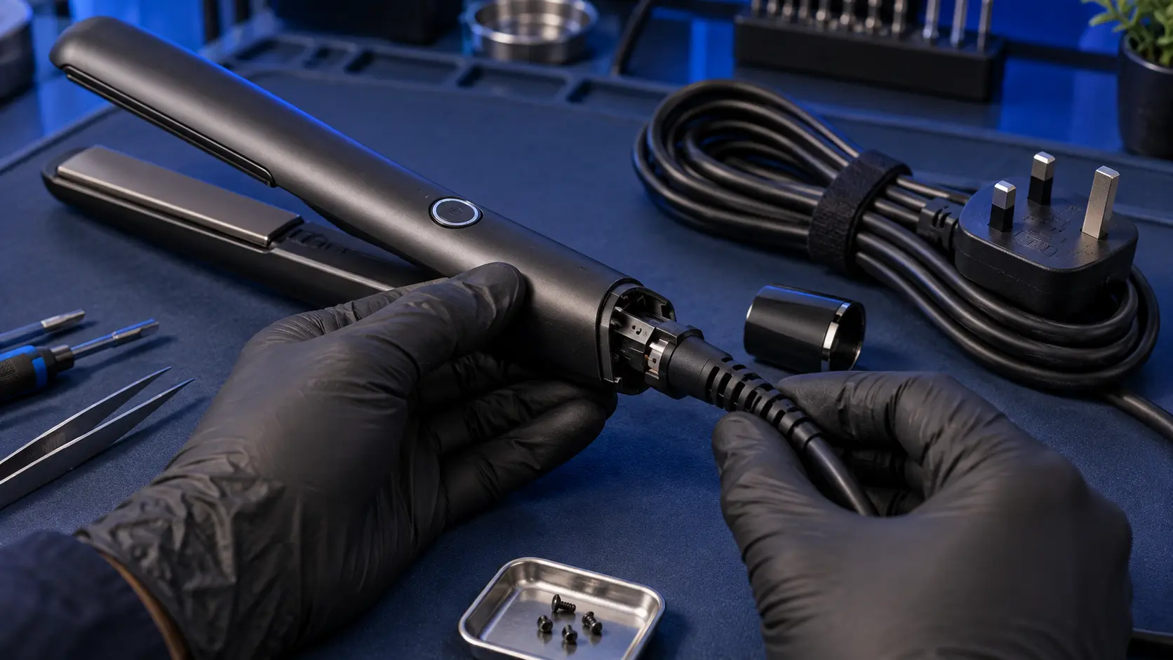 GHD Eclipse straightener with a replacement mains cable being fitted