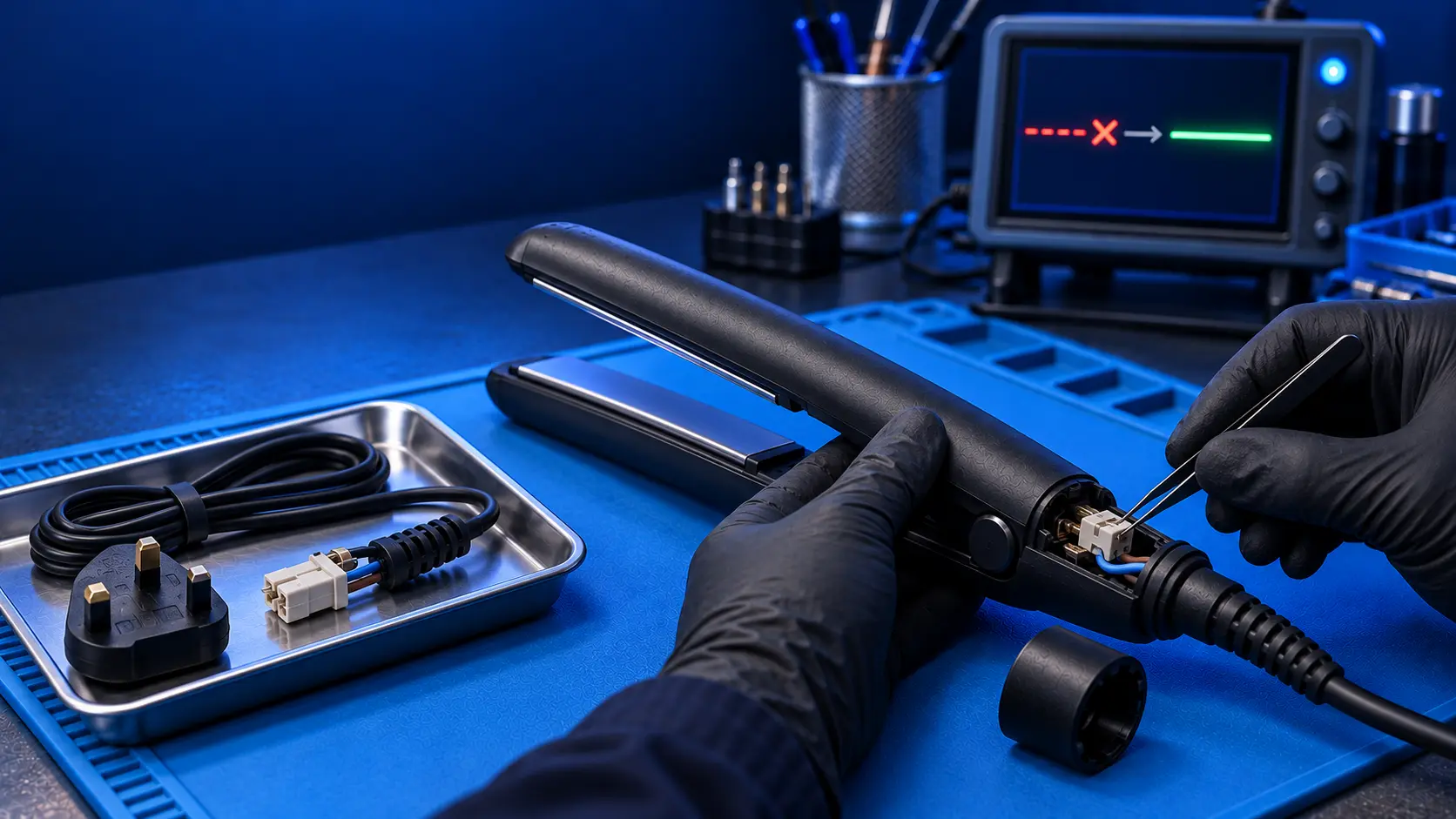 Hair straightener with the cable end opened, tweezers on the internal cable connector, and a replacement cable and plug in a tray