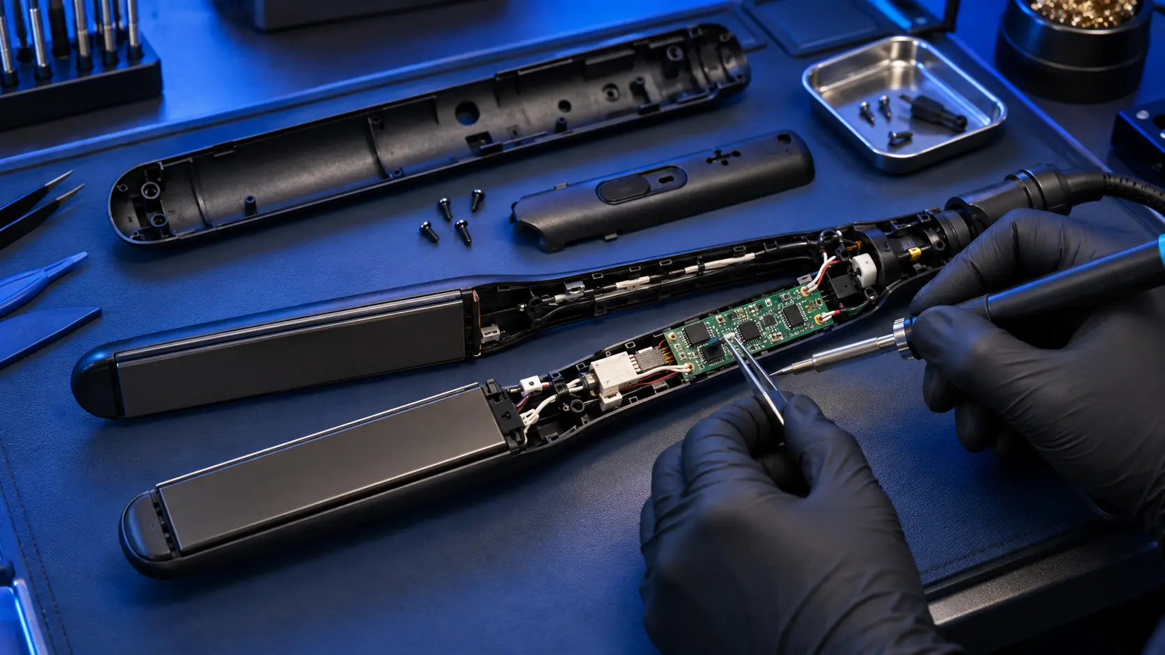 GHD straightener opened on the bench for fault finding
