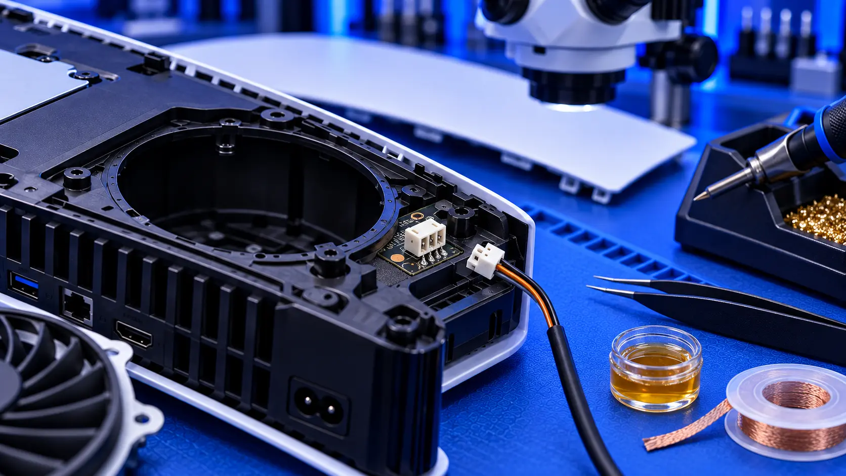Close-up of a PS5 board where the fan connector is being soldered back on