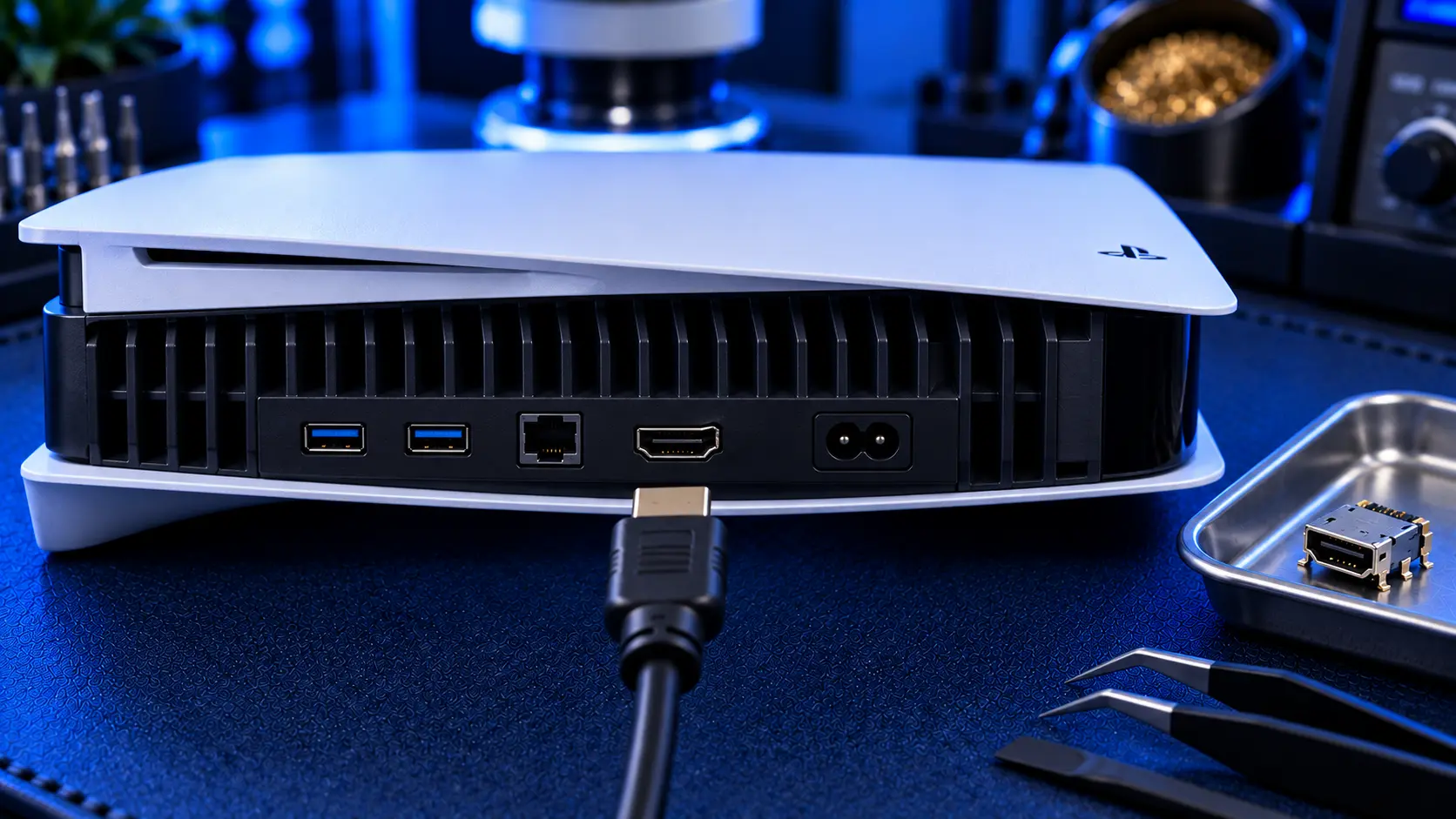 PS5 mainboard with the HDMI port being replaced under a hot air station